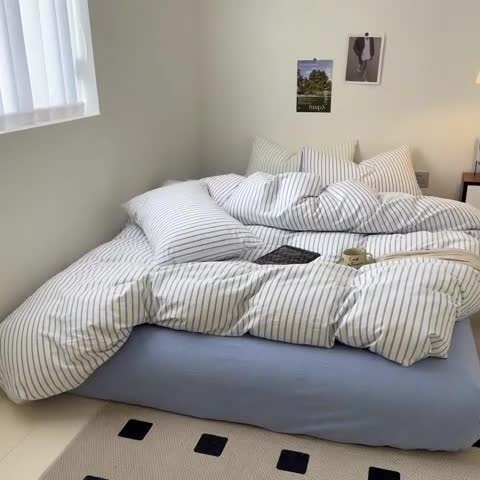 91家纺网 家纺一手货源 找家纺 玖弘 2023新款亲肤水洗条纹四件套 蓝灰条