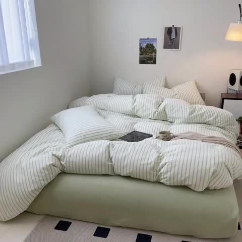 91家纺网 家纺一手货源 找家纺 玖弘 2023新款亲肤水洗条纹四件套 果绿条