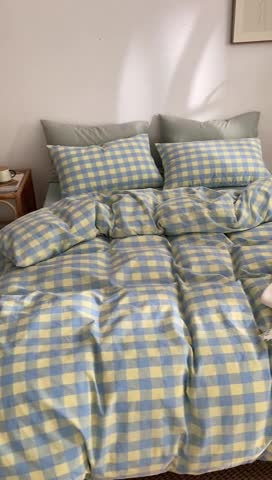 91家纺网 家纺一手货源 找家纺 棉邦 2023新款A类全棉色织水洗棉四件套-第二批 蓝黄中格