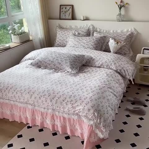 91家纺网 家纺一手货源 找家纺 添越2024小清新韩版蕾丝款花边纯棉夹棉床盖三件套全棉恋恋花梦蕾丝款