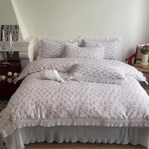 91家纺网 家纺一手货源 找家纺 添越 2024小清新韩版蕾丝花边纯棉夹棉床盖三件套全棉恋恋花梦