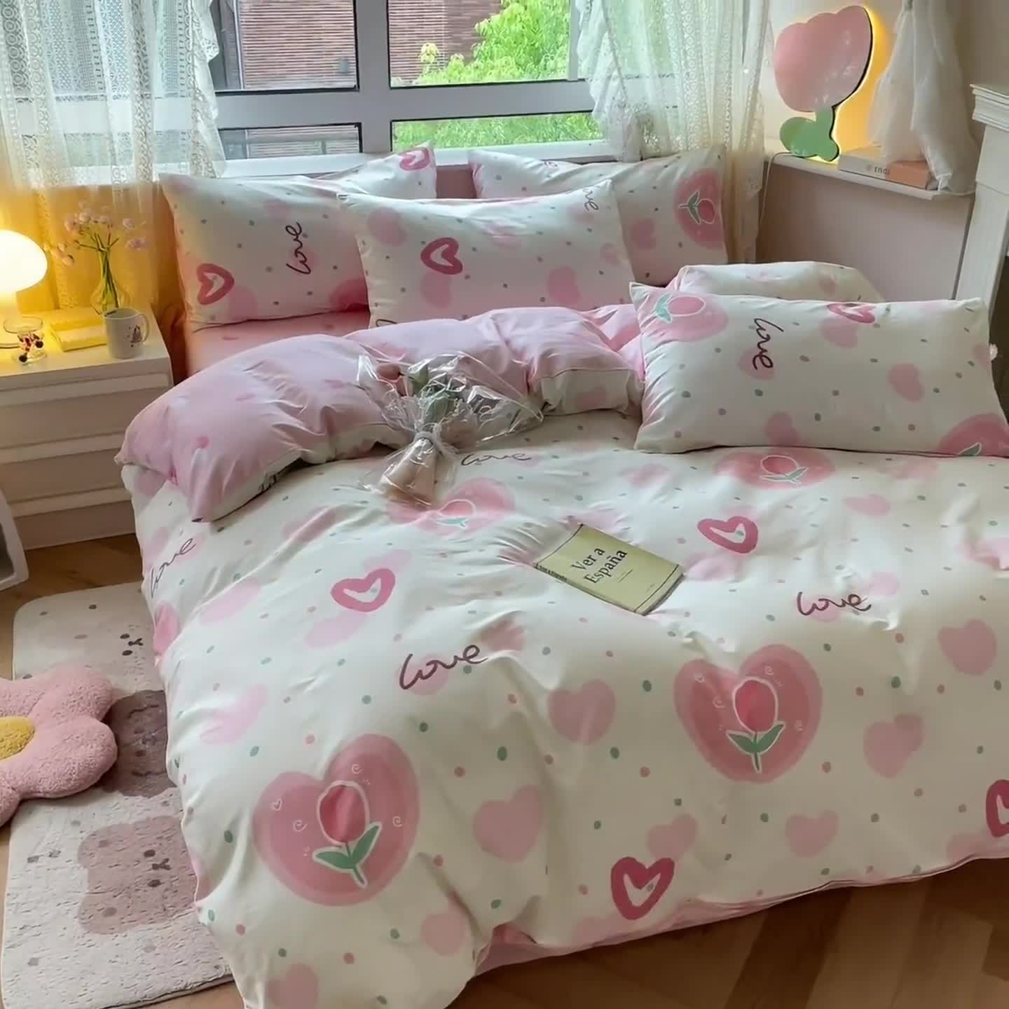 91家纺网 家纺一手货源 找家纺 麦伦家居 2023新款全棉斜纹卡通小清新系列四件套-第四波 爱心郁金香