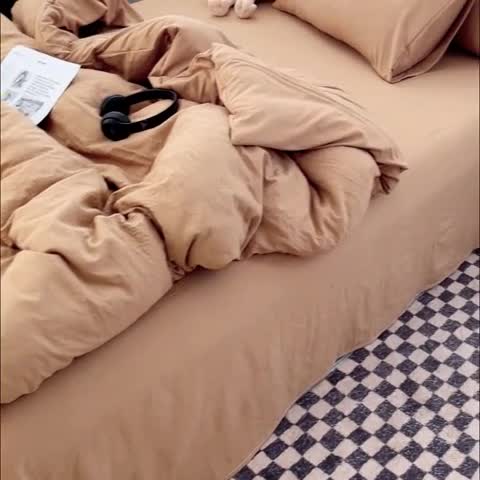 91家纺网 家纺一手货源 找家纺 贝拉梦 2023新款ins风超柔亲肤磨毛褶皱水洗棉四件套 ins奶杏