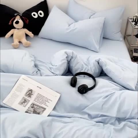 91家纺网 家纺一手货源 找家纺 贝拉梦 2023新款ins风超柔亲肤磨毛褶皱水洗棉四件套 ins晴蓝