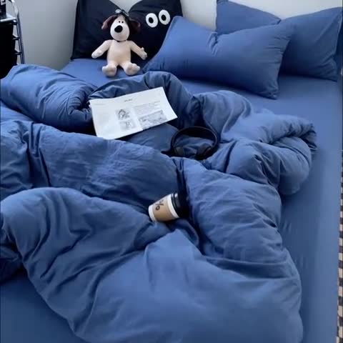 91家纺网 家纺一手货源 找家纺 贝拉梦 2023新款ins风超柔亲肤磨毛褶皱水洗棉单被套 ins牛仔蓝