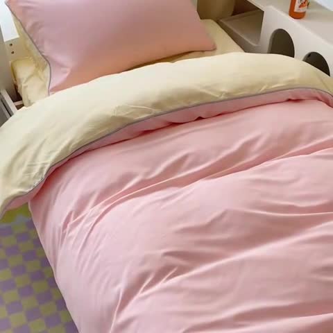 91家纺网 家纺一手货源 找家纺 眠帛2023水洗棉麻绳滚边芝士系列学生三件套六简套A类 芝士奶油粉奶黄