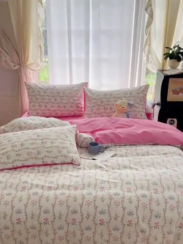 91家纺网 家纺一手货源 找家纺 桃子 2023新款ins韩系少女心碎花小清新卡通纯棉系列四件套 棉-春意