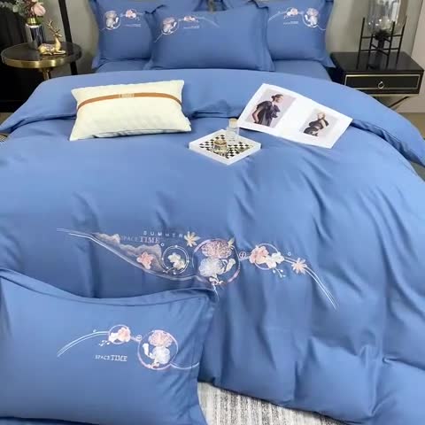 91家纺网 家纺一手货源 找家纺 昊翔2024新款绣花全棉磨毛刺绣工艺款四件套量大优惠花意浓-摩卡蓝