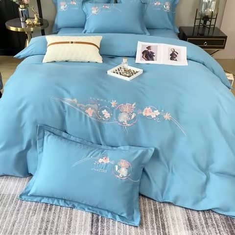 91家纺网 家纺一手货源 找家纺 昊翔2024新款绣花全棉磨毛刺绣工艺款四件套量大优惠花意浓-薄荷绿