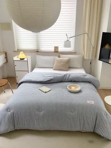 91家纺网 家纺一手货源 找家纺 森林人 2023新款A类水洗棉立体大豆被2 立体-浅蓝小格