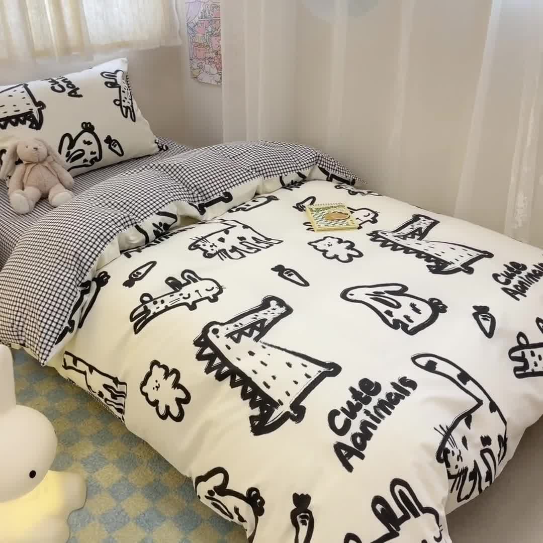 91家纺网 家纺一手货源 找家纺 简宜13070纯棉全棉40支斜纹卡通小清新学生床三件套四件套 简笔画