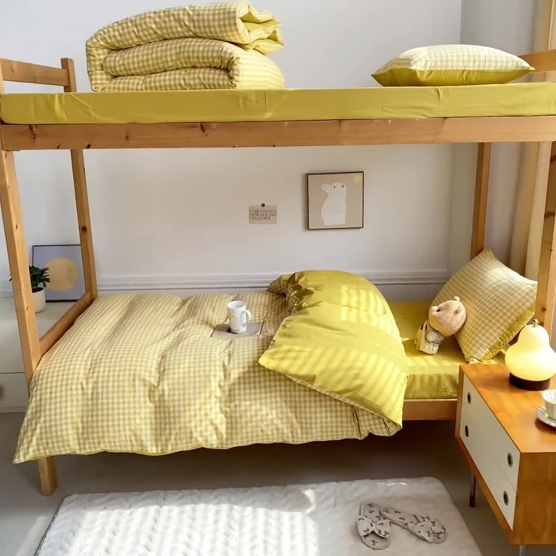 91家纺网 家纺一手货源 找家纺 吉象 2025新款色织学生水洗棉上下铺三件套 黄小格