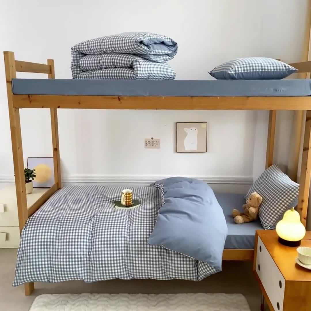 91家纺网 家纺一手货源 找家纺 吉象 2025新款色织学生水洗棉上下铺三件套 蓝小格