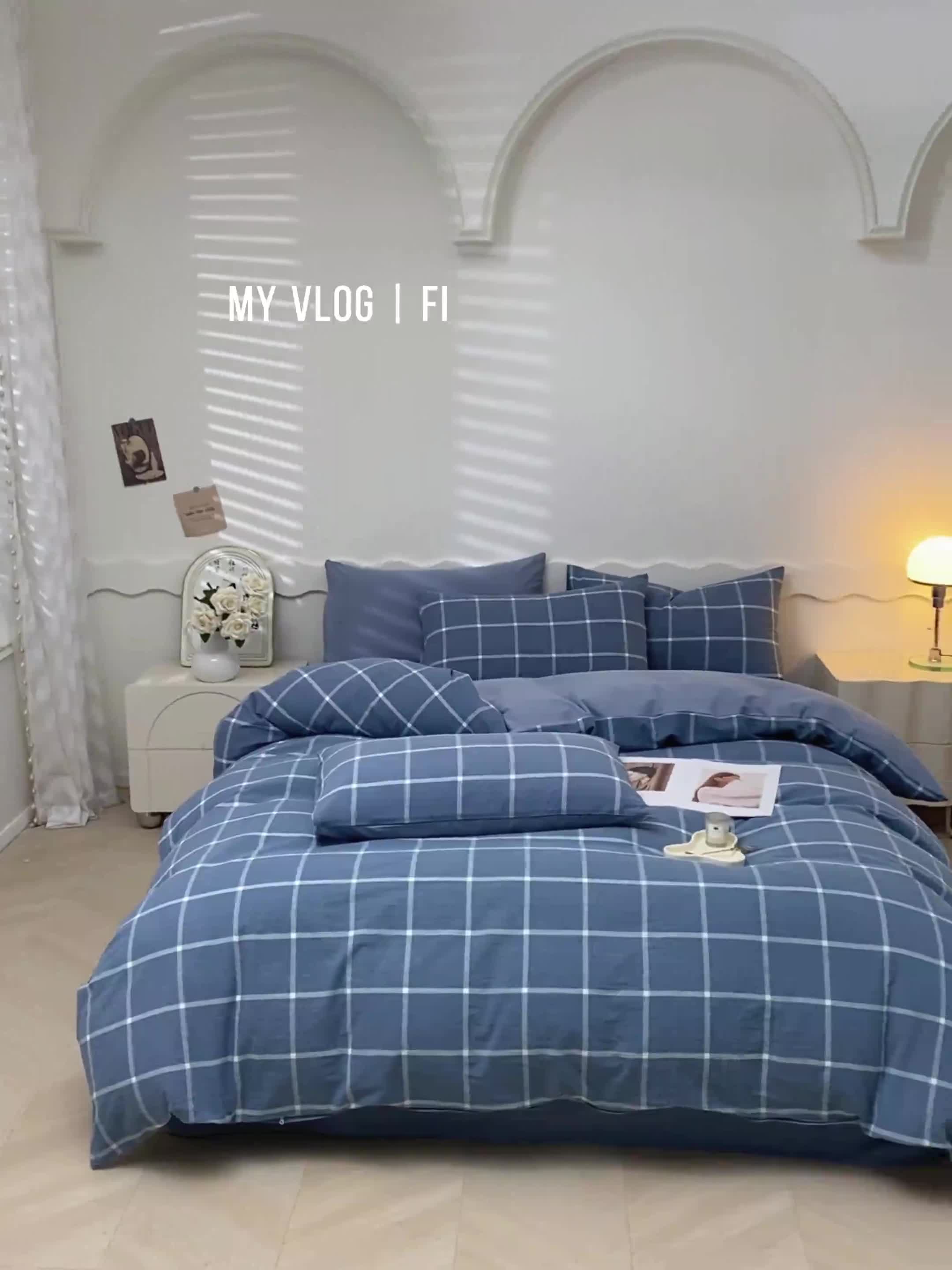 91家纺网 家纺一手货源 找家纺 吉象 2023新款全棉色织水洗棉四件套 大蓝格