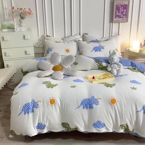 91家纺网 家纺一手货源 找家纺 甜之梦 2025新款针织棉印花四件套 恐龙乐园