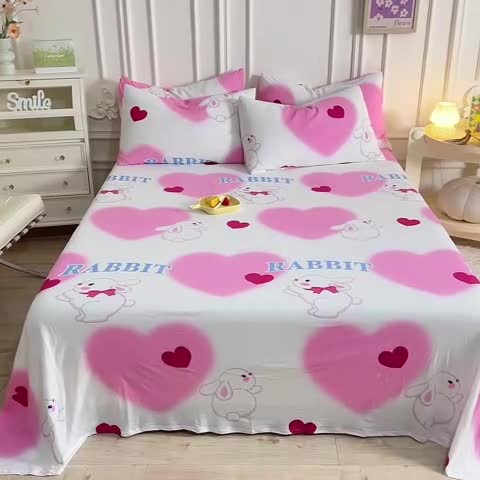 91家纺网 家纺一手货源 找家纺 甜之梦 2025新款针织棉印花单品床单 粉红爱心兔