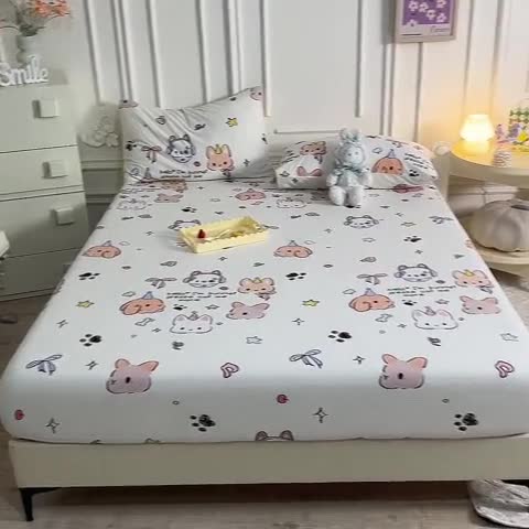 91家纺网 家纺一手货源 找家纺 甜之梦 2025新款针织棉印花单品床笠 派对小兔