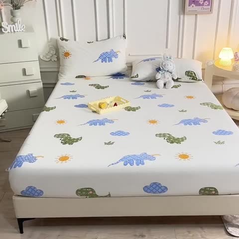 91家纺网 家纺一手货源 找家纺 甜之梦 2025新款针织棉印花单品床笠 恐龙乐园