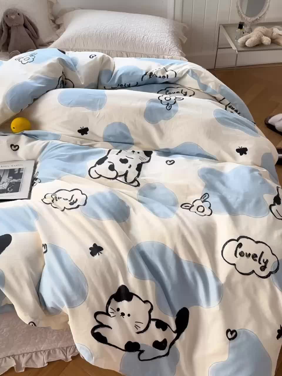 91家纺网 家纺一手货源 找家纺 洋铭区 2023新款全棉单品被套 哈喽猫咪