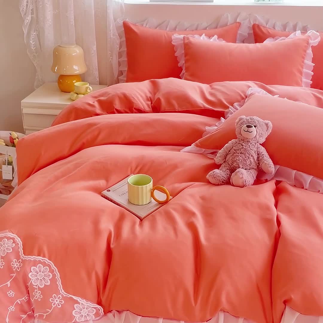91家纺网 家纺一手货源 找家纺 靓生活 2023新款韩版花边水洗磨毛床裙四件套 橘色
