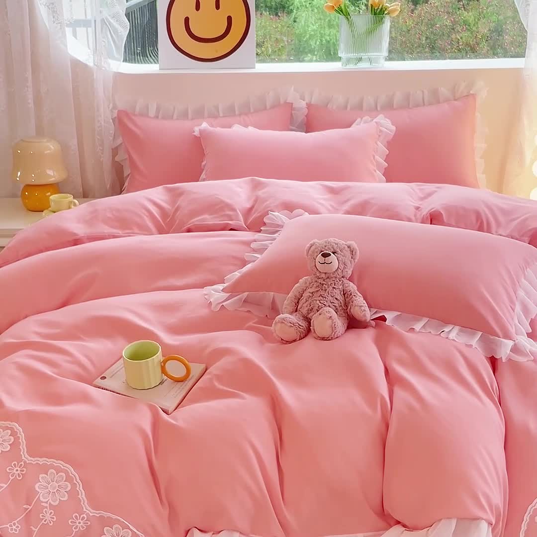 91家纺网 家纺一手货源 找家纺 靓生活 2023新款韩版花边水洗磨毛床裙四件套 玉色