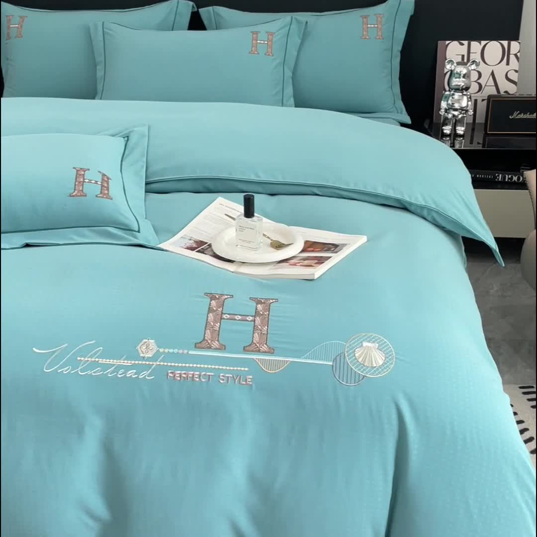 91家纺网 家纺一手货源 找家纺 靓生活 2023新款欧曼系列锦棉提花刺绣四件套 欧曼-玛瑙绿