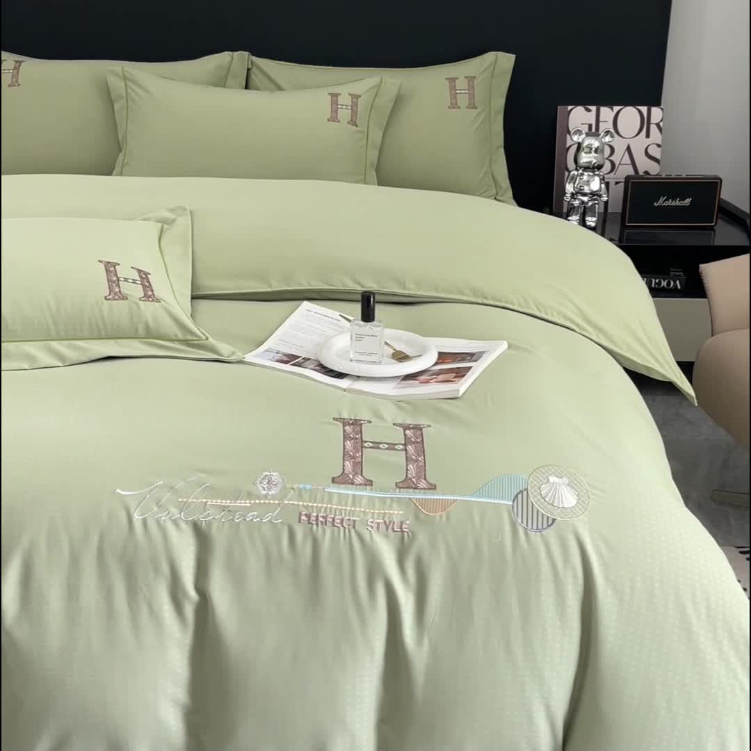 91家纺网 家纺一手货源 找家纺 靓生活 2023新款欧曼系列锦棉提花刺绣四件套 欧曼-浅绿