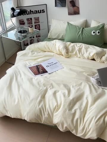 91家纺网 家纺一手货源 找家纺 海岛哥哥 2023新款大眼睛超柔水洗棉系列四件套 大眼睛-奶黄+果绿