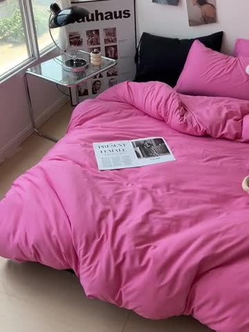 91家纺网 家纺一手货源 找家纺 海岛哥哥 2023新款大眼睛超柔水洗棉系列四件套 大眼睛-玫红+黑