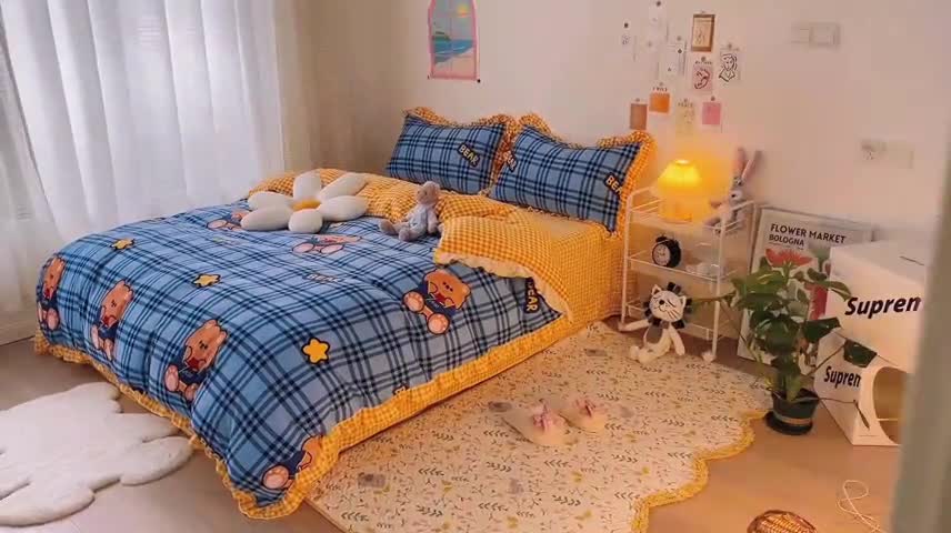 91家纺网 家纺一手货源 找家纺 梵克保罗 2024秋冬新品韩版印花牛奶绒花边款四件套 绅士熊