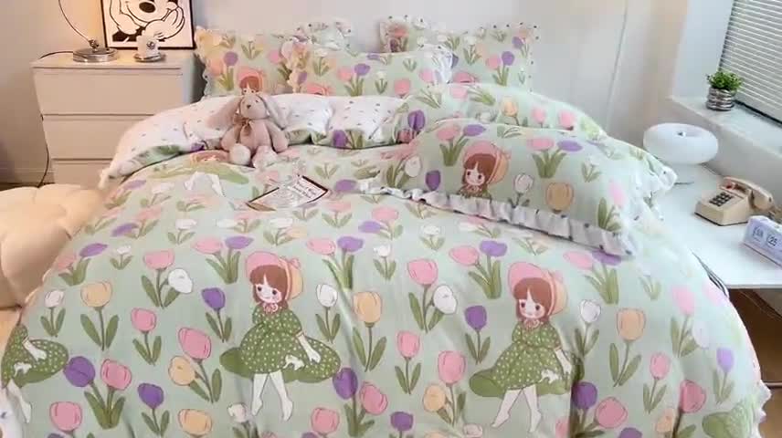 91家纺网 家纺一手货源 找家纺 梵克保罗 2024秋冬新品韩版印花牛奶绒花边款四件套 绿野仙踪