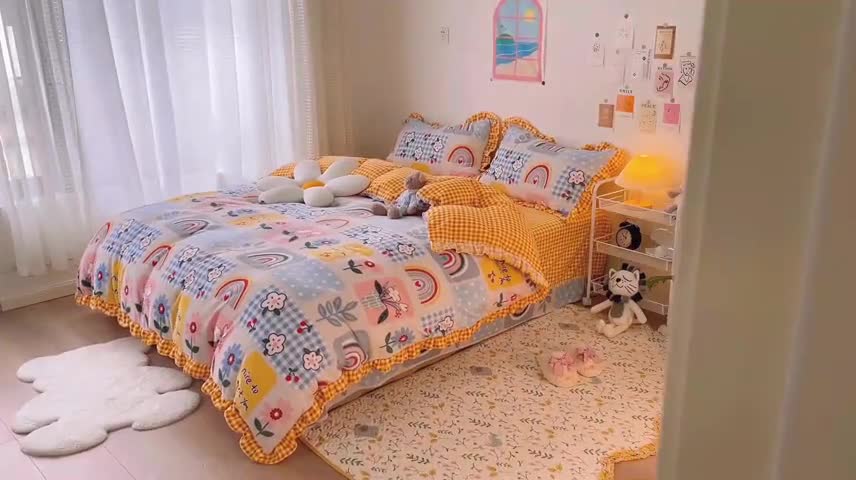 91家纺网 家纺一手货源 找家纺 梵克保罗 2024秋冬新品韩版印花牛奶绒花边款四件套 彩虹乐园