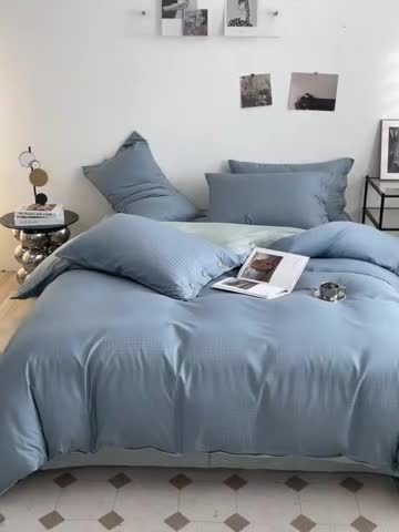 91家纺网 家纺一手货源 找家纺 古吉梦 2023新款A类抗菌防螨纽扣提花四件套磨毛秋冬款 浅石兰+梵星蓝