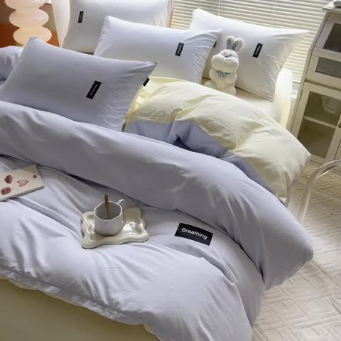 91家纺网 家纺一手货源 找家纺 绵庭家纺 2023新款全棉水洗棉拼色四件套 天蓝+奶油黄