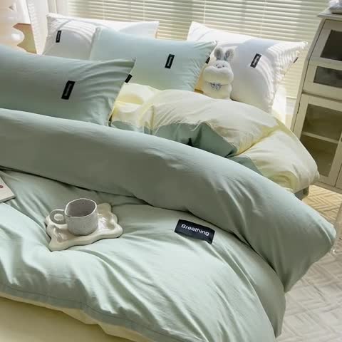 91家纺网 家纺一手货源 找家纺 绵庭家纺 2023新款全棉水洗棉拼色四件套 水绿+奶油黄