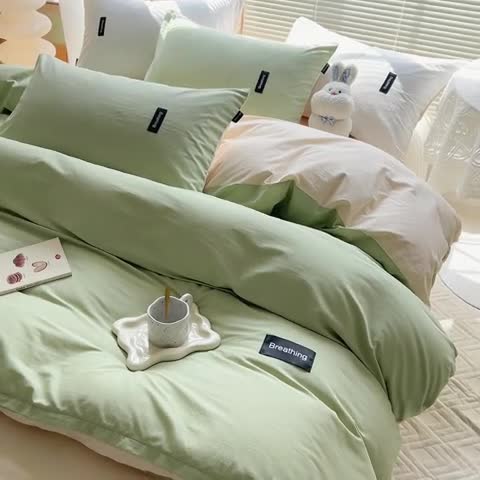 91家纺网 家纺一手货源 找家纺 绵庭家纺 2023新款全棉水洗棉拼色四件套 果绿+冰心