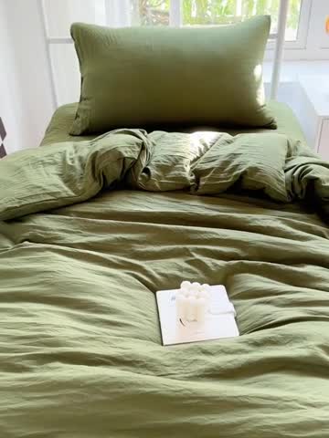 91家纺网 家纺一手货源 找家纺 水墨江南 2023新款超柔水洗棉褶皱款学生床三件套 橄榄色