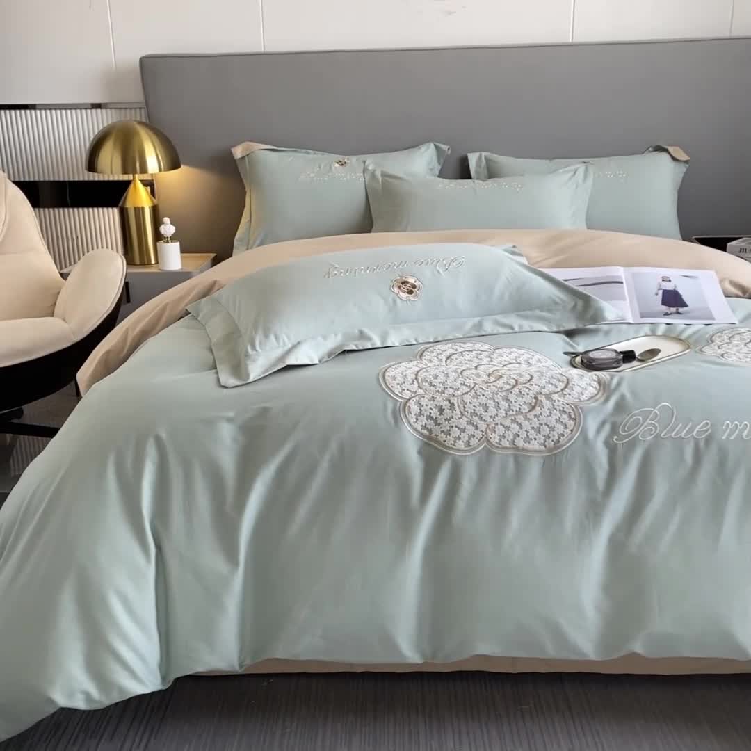 91家纺网 家纺一手货源 找家纺 涵宸 2023新款加厚全棉刺绣四件套-米昂 米昂-绿