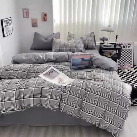 91家纺网 家纺一手货源 找家纺 水洗棉色织格子无印风三件套纯色双拼磨毛被套四件套 格调-黑