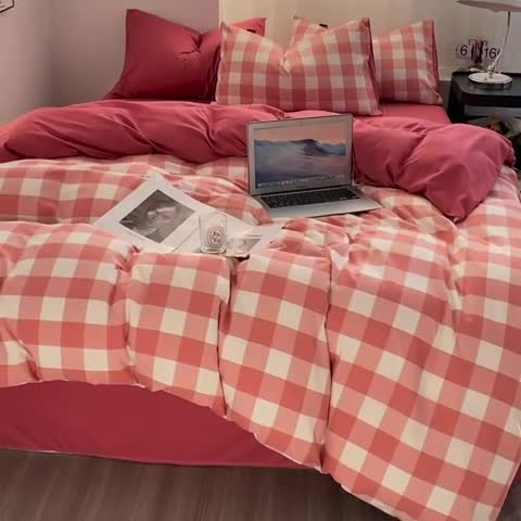 91家纺网 家纺一手货源 找家纺 水洗棉色织格子无印风三件套纯色双拼磨毛被套四件套 幻影-豆沙