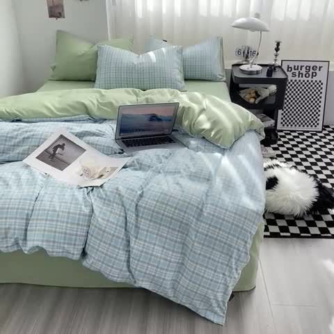 91家纺网 家纺一手货源 找家纺 水洗棉色织格子无印风三件套纯色双拼磨毛被套四件套 布丁-兰