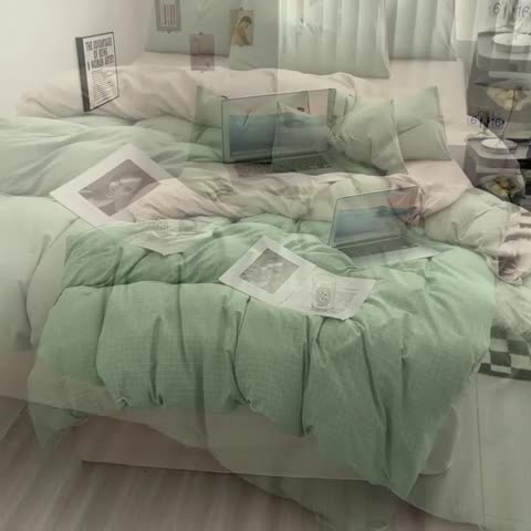 91家纺网 家纺一手货源 找家纺 水洗棉色织格子无印风三件套纯色双拼磨毛被套四件套 极简-绿