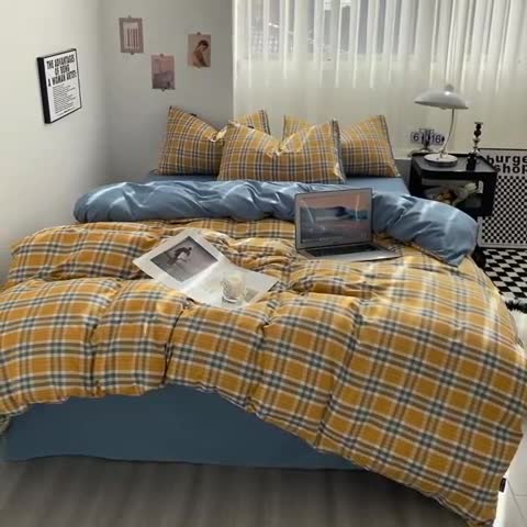 91家纺网 家纺一手货源 找家纺 水洗棉色织格子无印风三件套纯色双拼磨毛被套四件套 乐趣-黄