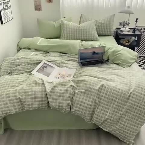 91家纺网 家纺一手货源 找家纺 水洗棉色织格子无印风三件套纯色双拼磨毛被套四件套 泡泡-绿