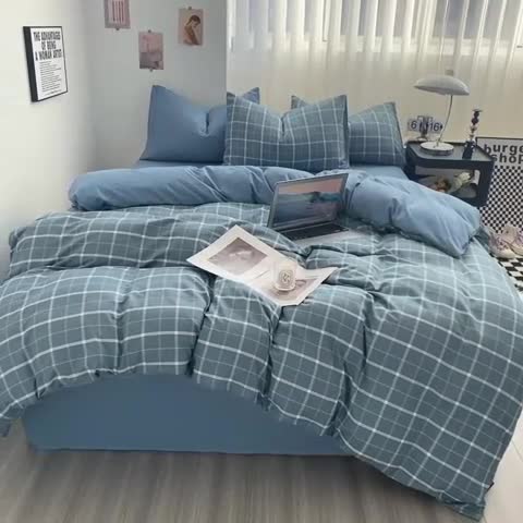 91家纺网 家纺一手货源 找家纺 水洗棉色织格子无印风三件套纯色双拼磨毛被套四件套 绅士-蓝