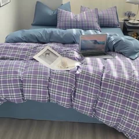 91家纺网 家纺一手货源 找家纺 水洗棉色织格子无印风三件套纯色双拼磨毛被套四件套 英伦-紫