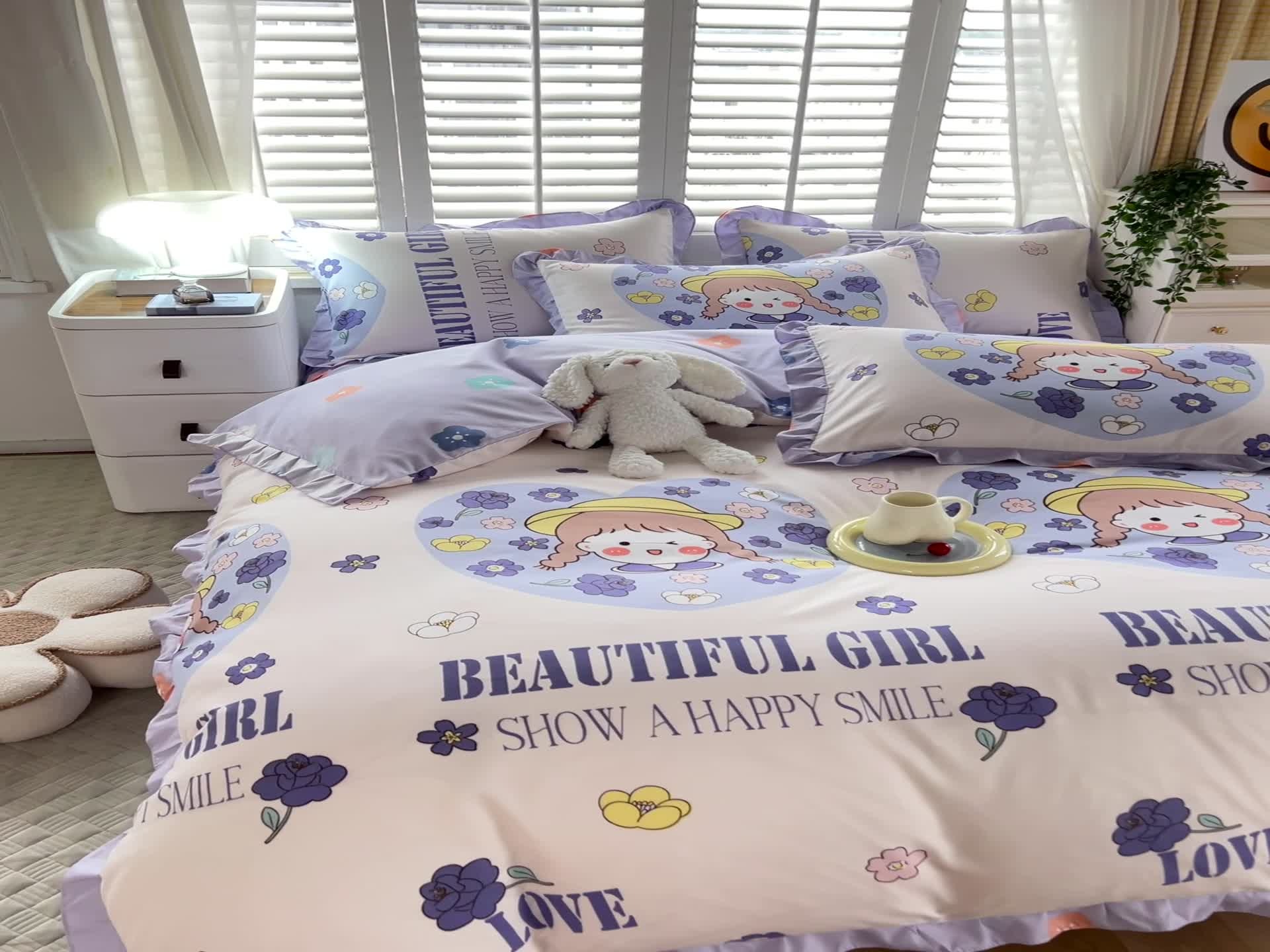 91家纺网 家纺一手货源 找家纺 上尚居 2024新款小清新韩版花边磨毛四件套水洗棉 少女时代