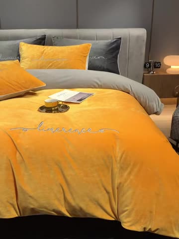 91家纺网 家纺一手货源 找家纺 瑞驰家纺 2023新款A类婴儿绒加厚保暖四件套 姜黄+摩登灰