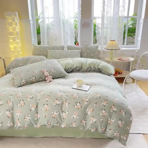 91家纺网 家纺一手货源 找家纺 红日子 2024新款水洗棉麻双层纱四件套 春色满园