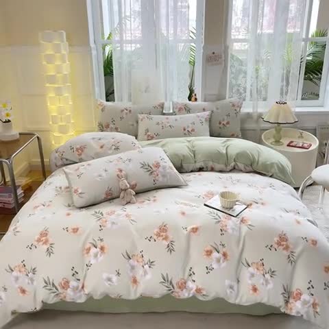 91家纺网 家纺一手货源 找家纺 红日子 2024新款水洗棉麻双层纱四件套 青青世界